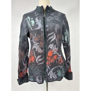 Ivko Wool Cardigan Jacket Grey Floral XXL Zip Front Long Sleeve Embroidered